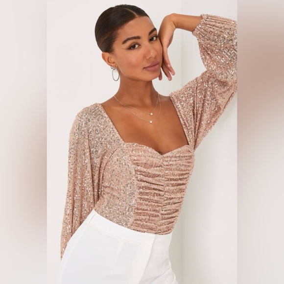 LULUS Sparkly Sweetie Rose Gold Sequin Long Sleeve Bodysuit size x small - Picture 4 of 11